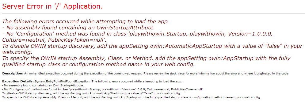 Exception when there is no app in Owin